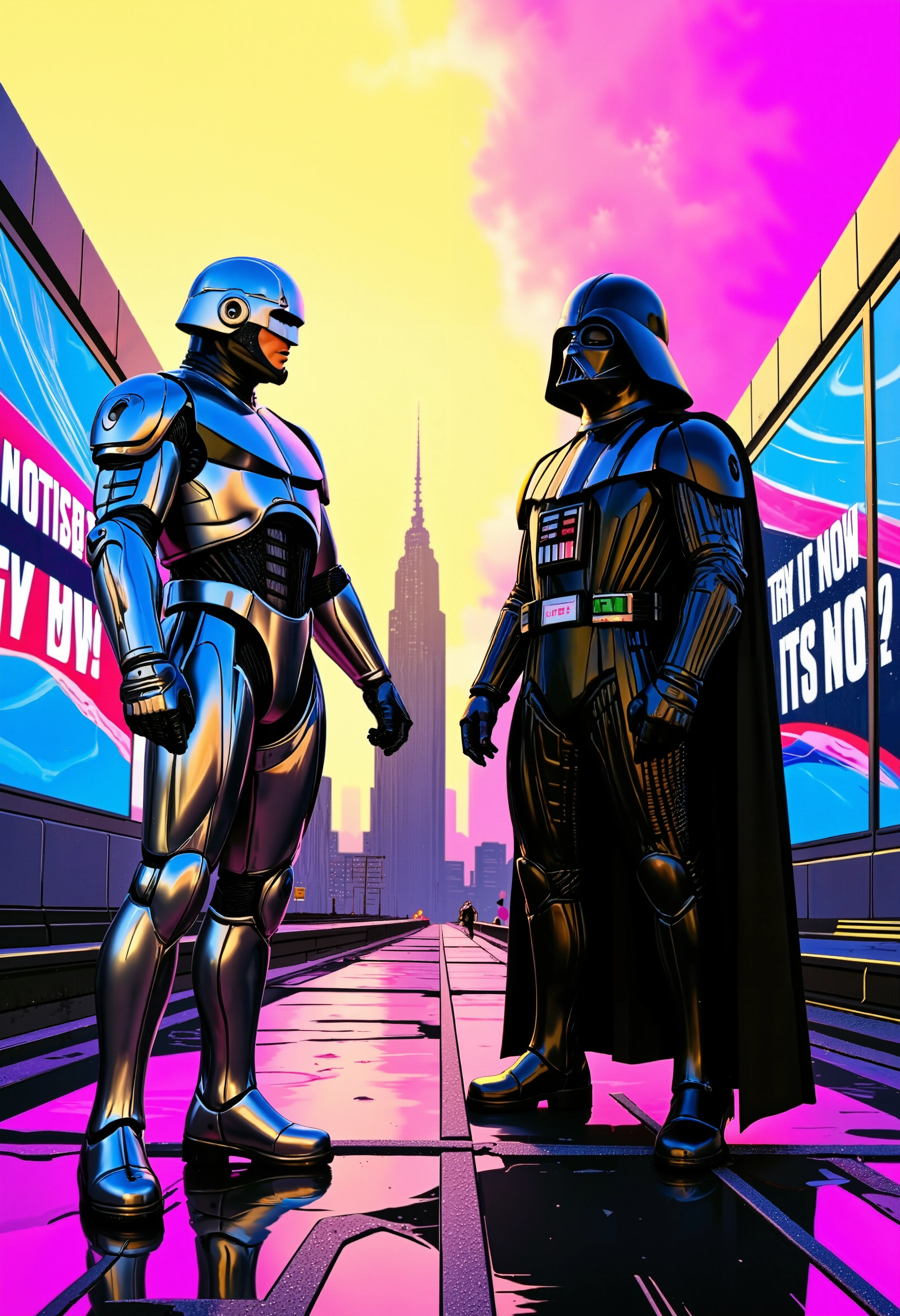 A high-energy action scene in the style of Hajime Sorayama, where metallic textures and chrome reflections dominate the landscape. In the midst of a sleek, futuristic cityscape, both Robocop and Darth Vader stand on opposite ends of a hovering platform, their armor gleaming in polished silver and deep, inky black. The sky above transitions from a soft golden-yellow to a neon pink gradient, casting a surreal glow over the metallic surfaces. Neon blue billboards line the skyline, with the words "NepotismFUX V4" shimmering across, followed by a holographic "TRY IT NOW" in hot pink and electric blue, reflecting off their armor.