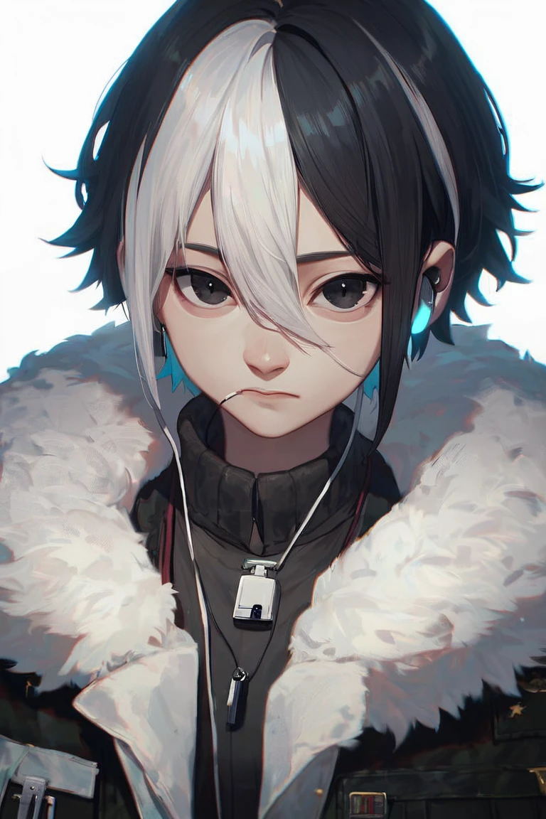 score_9, score_8_up, score_7_up, source_anime, hi res, masterpiece, best quality, highres, ARKN, 1girl, black eyes, black hair, multicolored hair, earphones, fur trim, hair between eyes, jewelry, two-tone hair, white hair, short hair, looking at viewer, coat, black gloves, closed mouth, upper body, necklace, whistle, earbuds, alternate costume, white background