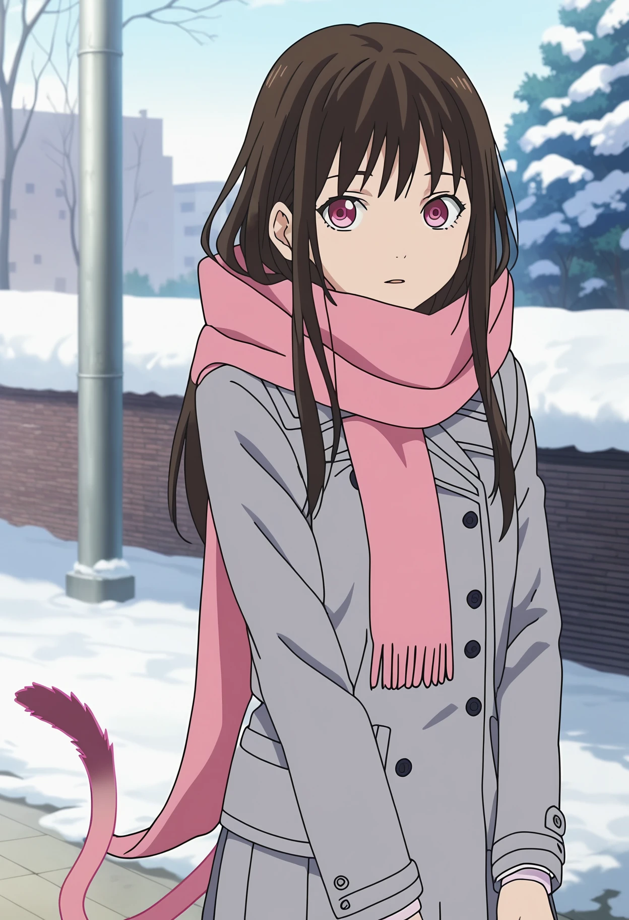 score_9, score_8_up, score_7_up, source_anime, rating_explicit,
BREAK
1girl, solo,
anime screencap, anime coloring,
<lora:shikiV1-000009:0.8>, hiwinter, long hair, brown hair, long sleeves, pink eyes, jacket, pleated skirt, pink scarf, coat, grey skirt,
looking at viewer, cat tail, outdoors,