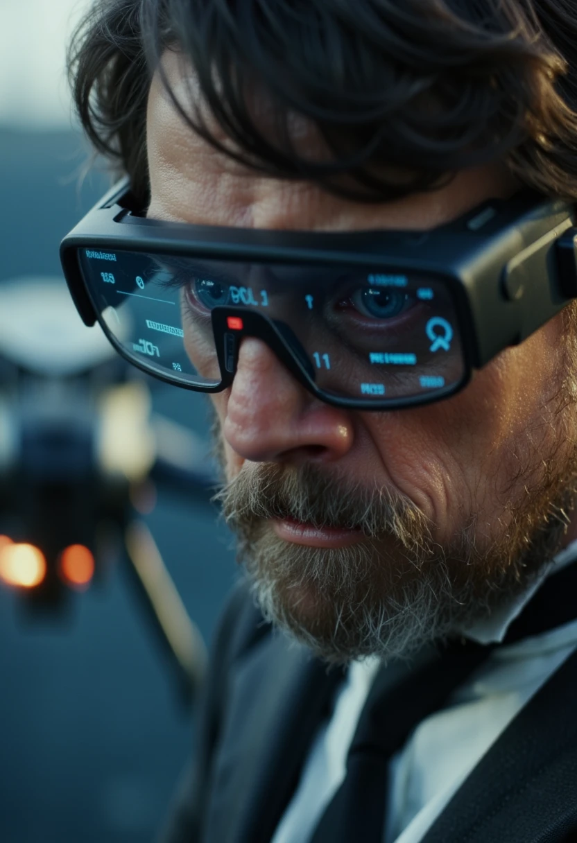 Closeup of Luke Skywalker's face as he hacks into a drone's control system, eyes reflecting streams of data, wearing augmented reality glasses; behind him, the drone hovers menacingly.