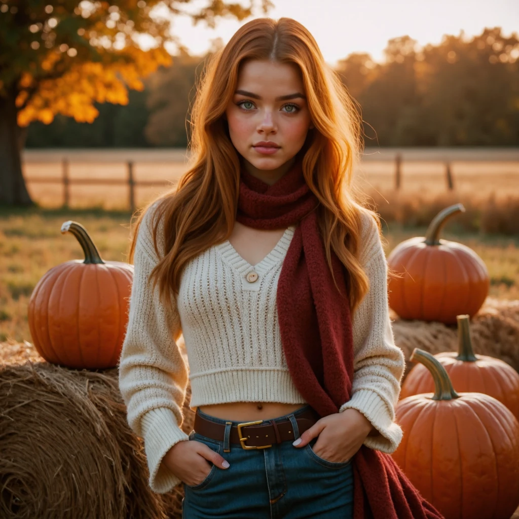 A beautiful woman ATRX_MANUELA_FLUX dressed in a cozy autumn outfit with a knit sweater and scarf, posing in front of hay bales and pumpkins. The scene is set in an outdoor farm during sunset, with golden light enhancing the warm colors of the leaves. Vivid style.
<lora:atrx-manuela-flux:1.3>