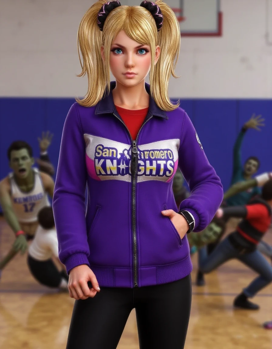 Juliet Starling, a young woman with two ponytails with black scrunchies. She is wearing purple winter jacket that has text "San Romero KNIGHTS" in front and straight black pants. Background has zombies crawling in school gym.