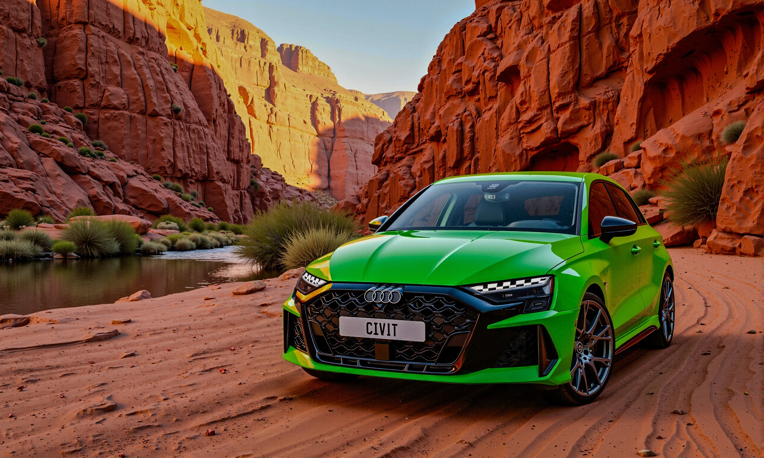 In this breathtaking desert canyon landscape, the metallic green Audi RS3, with the number plate CIVIT, would add a striking contrast to the warm, earthy tones of the scene. The vibrant green paint of the car stands out boldly against the deep red and orange hues of the canyon walls that rise majestically on either side of the narrow valley. The late afternoon sun casts a golden glow across the rocks, highlighting their rugged texture, while the car's sleek and modern design brings a touch of urban elegance to the untamed beauty of the desert.

The canyon floor is dotted with desert flora, including cacti and low shrubs, and a clear stream reflects the towering cliffs above. The Audi RS3 would be positioned near the stream, its bold, sharp lines and signature honeycomb grille blending modern technology with the natural landscape. The car's sporty stance and high-performance design juxtapose beautifully with the peaceful, timeless beauty of the canyon, creating a visual dialogue between innovation and nature.

This scene captures the essence of adventure, with the Audi RS3 as the perfect companion for a journey through this awe-inspiring desert environment, where the open road leads into the heart of the wild.