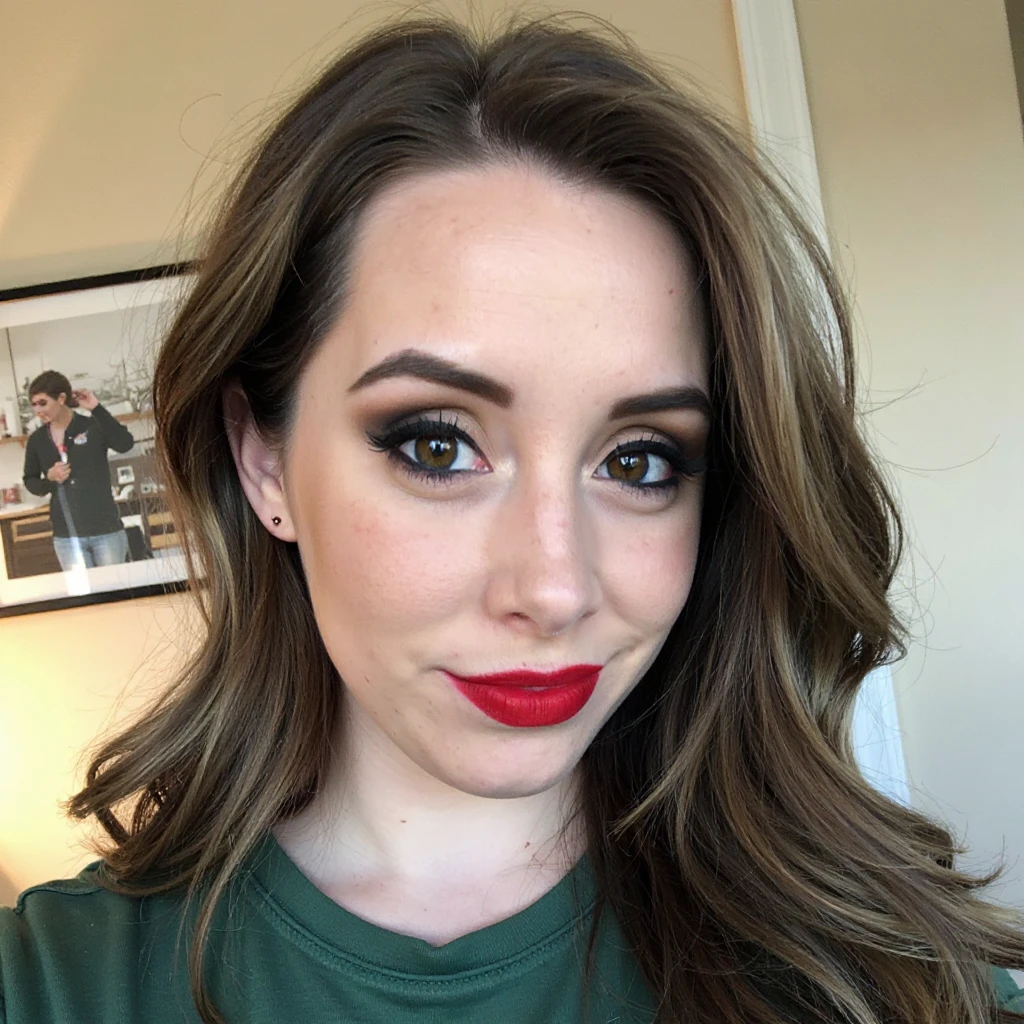 A photo of a woman. The photo includes her entire body. She is wearing red lipstick. She has bold black eyeliner. She has smokey eyeshadow. She has a slight grin. She is looking directly into the camera. She has a natural skin texture. The skin is very detailed including skin pores. She has red nails
She is wearing a green tshirt