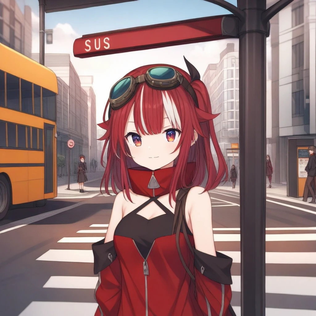 saya, red crimson hair, small breasts, streaked bangs, dragon girl, goggles, bare shoulders, gradient eyes, virtual youtuber, short, solo, 
outside, city, bus stop, 
<lora:SAYA-XL-t1-000004:0.6>

##WHY IS THERE A SUS SIGN LMAO