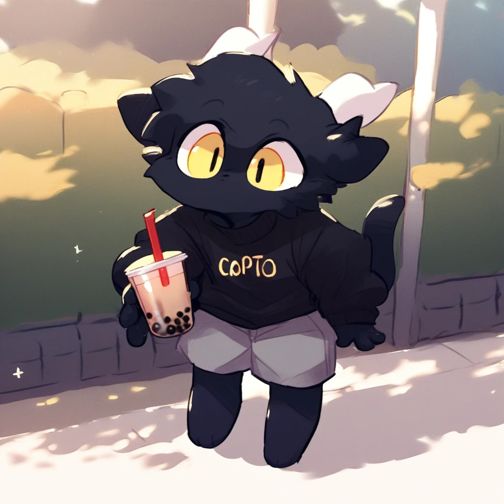 score_9_up, score_8_up, score_7_up, source_furry, mikus-CopiTheCat, black dragon, black body, white horns, yellow eyes, park, holding, bubble tea, black sweater, gray shorts, 1boy, solo