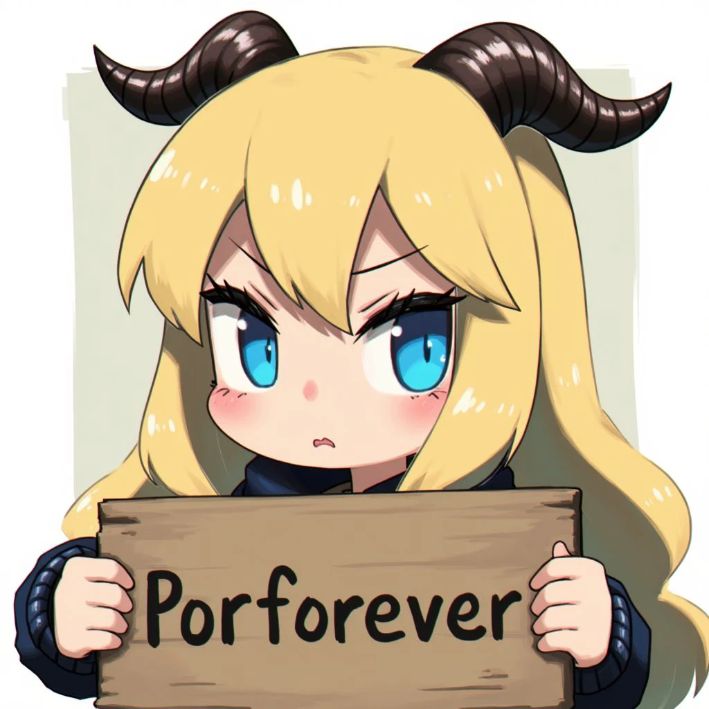 The subject is a young girl with distinct fantasy features, including large, expressive blue eyes and a small, determined expression. She has long, flowing, light blonde hair with a soft, slightly wavy texture. Her hair is adorned with two prominent, curved, dark brown horns that extend from her head. holding a sign saying "Porforever". The image has a smooth anime finish.
<lora:Porforever_V2_epoch_4:0.9>,