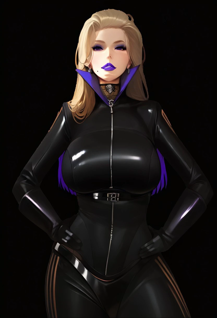 score_9, score_8_up, score_7_up, best quality, clean outlines, negative_hand, ng_deepnegative_v1_75t, easynegative, 
Karen, 1girl, hands on own hips, black background, zipper, looking at viewer, simple background,  purple eyes, bodysuit