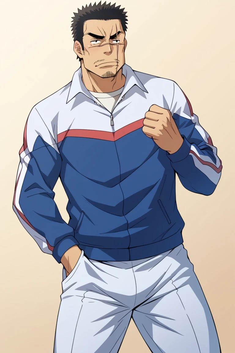 score_9, score_8_up, score_7_up, score_6_up, perfect anatomy, perfect proportions, best quality, masterpiece, high_resolution, high quality, best aesthetic, incredibly absurdres, highres, extremely detailed, huge filesize, mature, masculine, manly, virile, handsome, charming, alluring, bara, male focus, solo male, cowboy shot, dutch angle, source_anime \(My Bride is a Mermaid\), anime coloring \(My Bride is a Mermaid\), Gozaburo Seto \My Bride is a Mermaid\), MBMGozaburo, black hair, short hair, black eyes, sanpaku, sideburns, facial hair, stubble, thick eyebrows, scar across eye, scar across nose, Gozaburo_Outfit03, athletic jacket, track jacket, two-tone track jacket, white/blue track jacket, white undershirt, white athletic pants