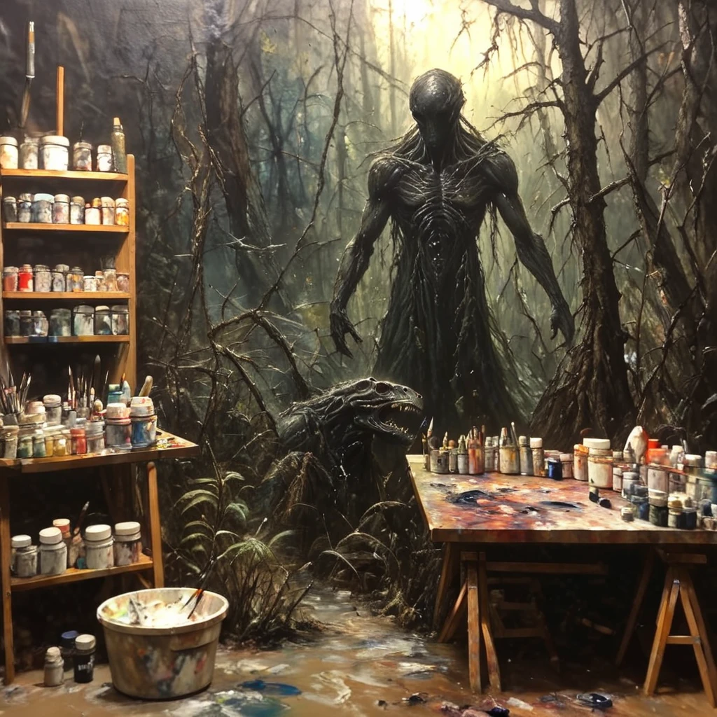 oneironartifex onefex a painting in a painting studio, old artist man and alien, very detailed<lora:oneironartifex:1.2>