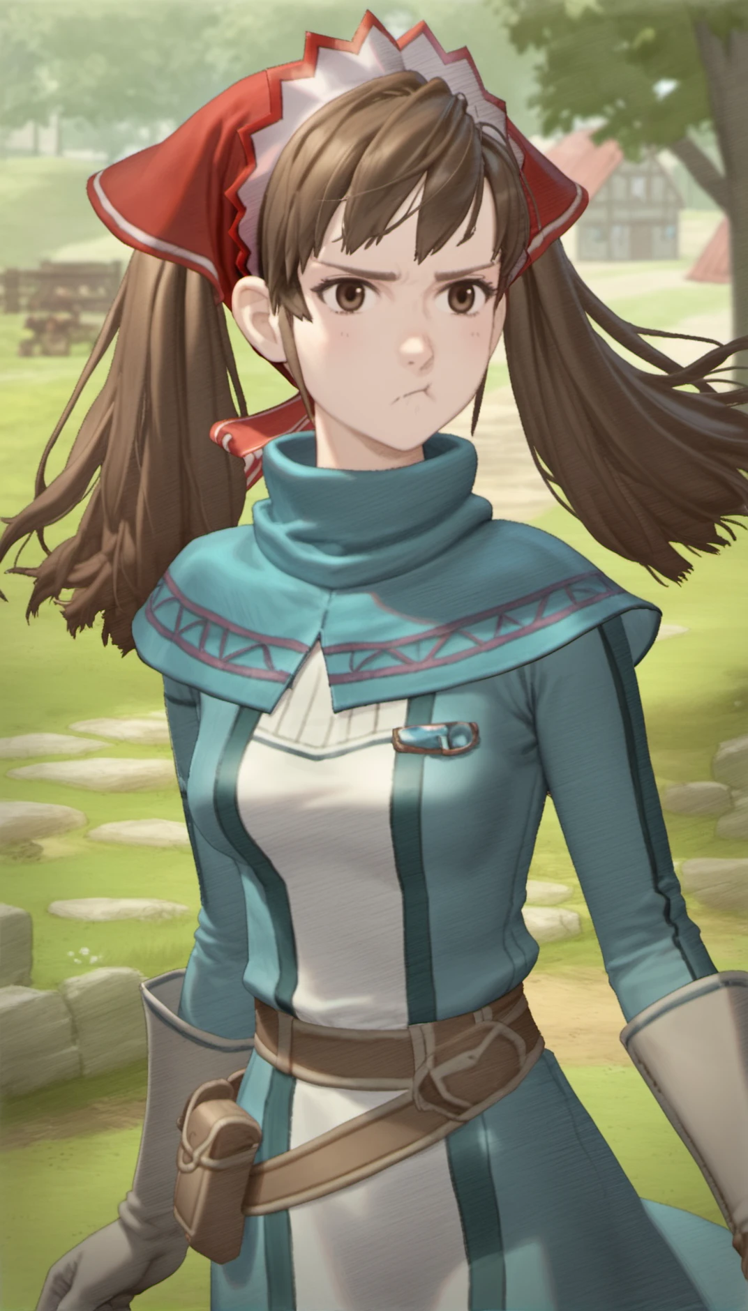 score_9,score_8_up,score_7_up,
<lora:aliciamelchiott:0.9>,
aliciamelchiot,
realistic,
1girl,solo,
brown hair,twintails,
brown eyes,pout,
headdress,squad leader outfit,brown belt,blue high-collar,brown gloves,
portrait,
blurry background,bloom,lights particle,outdoors,countryside,wind,vignetting,particle effects,lens flare,