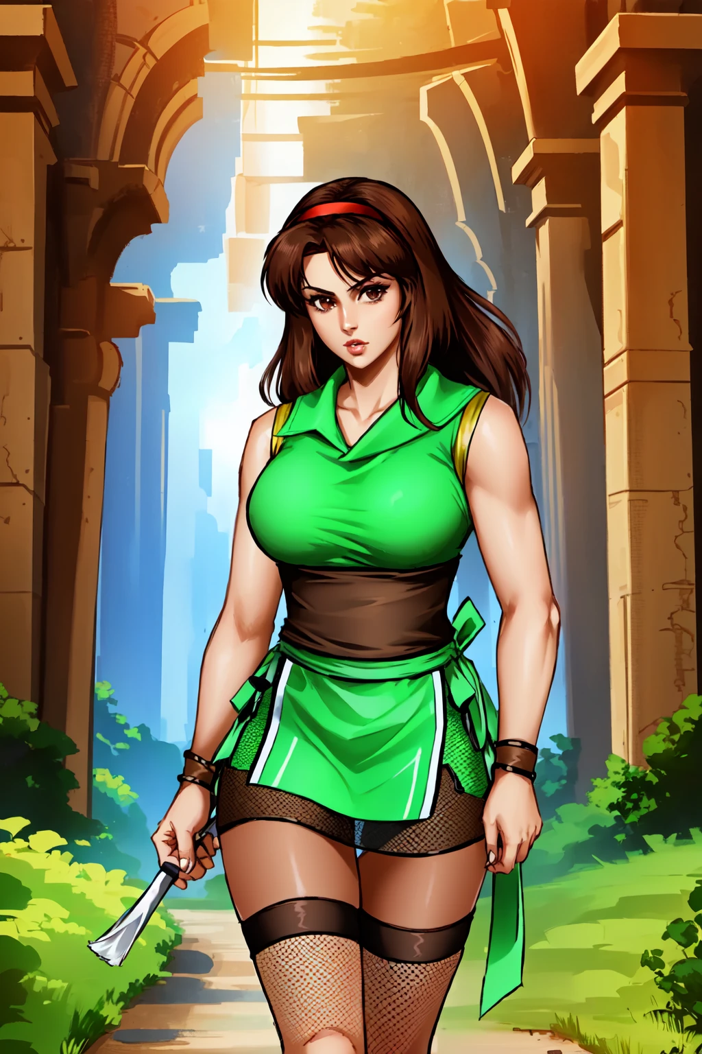 masterpiece,best quality,1girl,k0tonodd,standing stiffly,arms at sides,ninja,fishnets,skirt,brown hair,long hair,hairband,boots,sash,full body,medium breasts,underground, <lora:Kotono151:0.85>