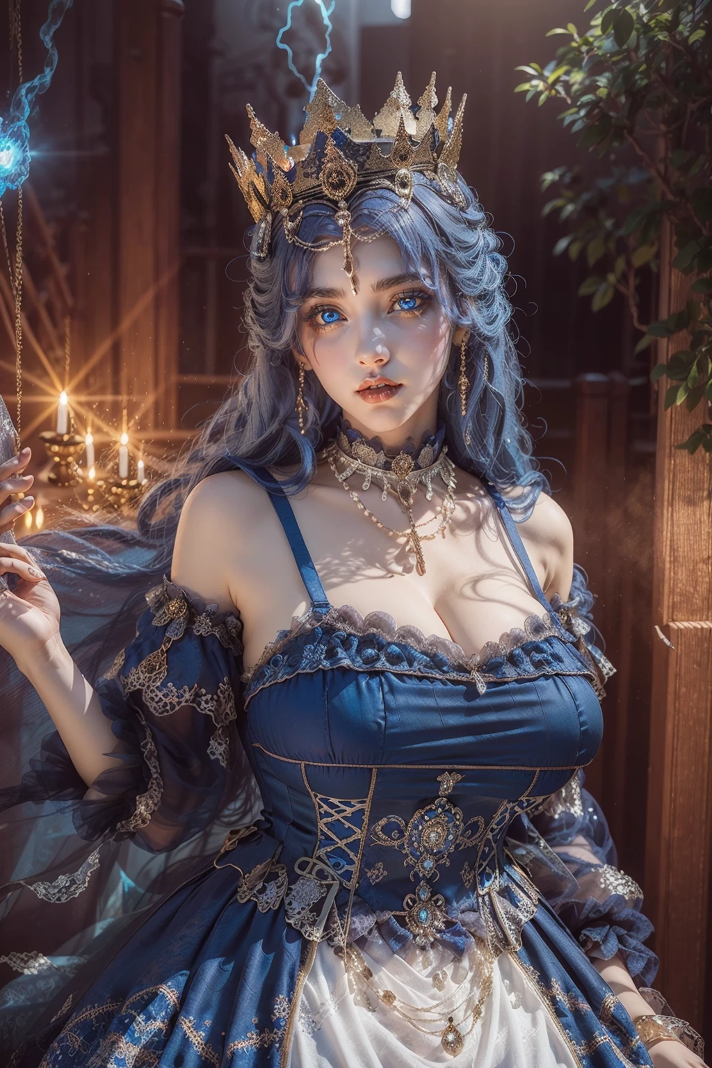 (masterpiece, best quality:1.2),illustration,8k,hd,1 girl,very long hair,blue hair,solo,cxzg,dress,cyan dress,tiara,detached sleeves,jewelry,necklace,frills,lace,cross-laced clothes,crown,((cleavage)),huge breasts,outdoors,(glowing blue eyes:1.3),