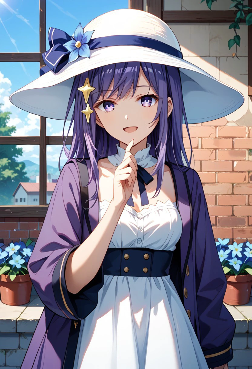 score_9,score_8_up,score_7_up,source_anime, maha_(ansatsu_kizoku),1girl,solo,looking at viewer,smile,open mouth,hair ornament,dress,hat,ribbon,jacket,upper body,purple hair,flower,sidelocks,outdoors,day,indoors,hand up,star \(symbol\),window,white headwear,hat ribbon,blue flower,sun hat,star hair ornament,hat flower,purple jacket,brick wall