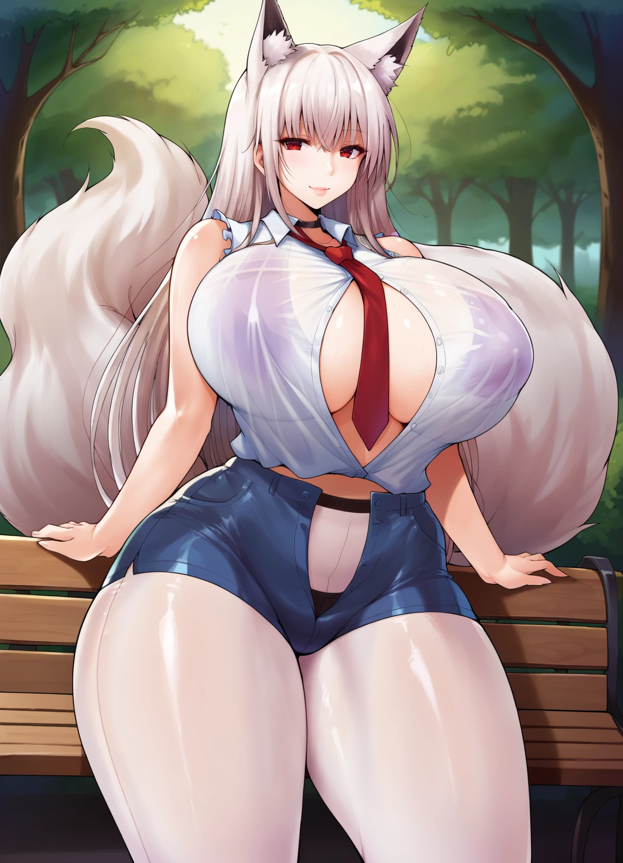 Futanari, large breasts, large penis, large balls, soft, inviting, tall, sweating, pent up, horny, fox ears, standing, Kemono, long hair, sexy, cute, close view, handholding, white hair, flaccid large penis, penis, panties, brown and white fur, thin waist, fox nose, Kemono furry, precum, lewd face, dragon girl, sports bra, big ass