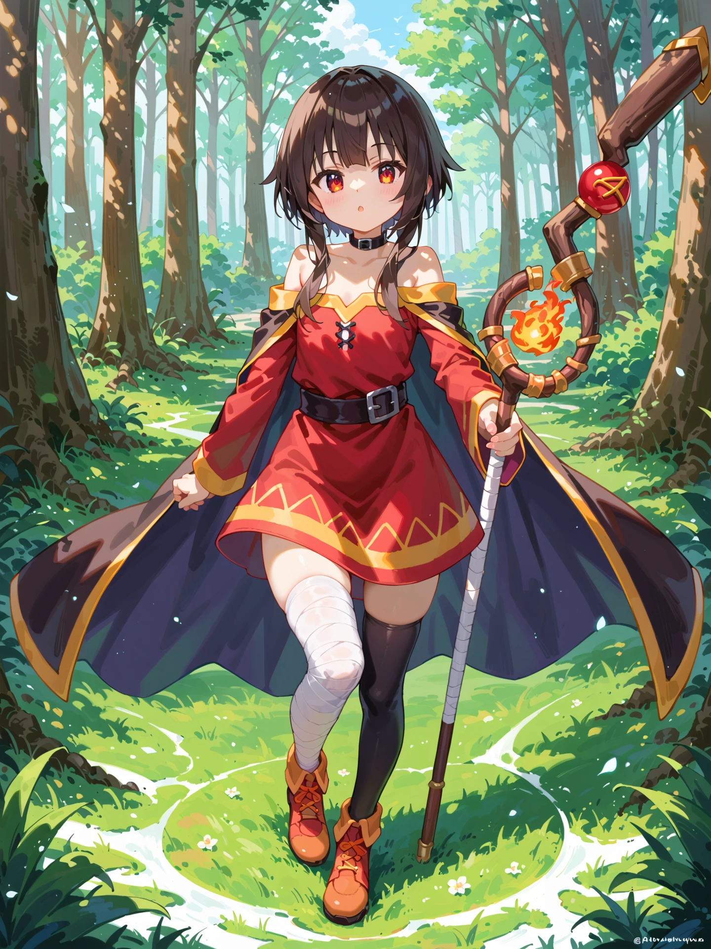 (intricate details:1.1), (detailed background:1.2),(Masterpiece:1.3)), (best quality:1.2),((detailed fingers)), score_9, score_8_up, score_7_up,source_anime,megumin,black stocking on one leg,bandaged leg,forest background,staff,fire spell,standing,eye detail,reflective eyes,