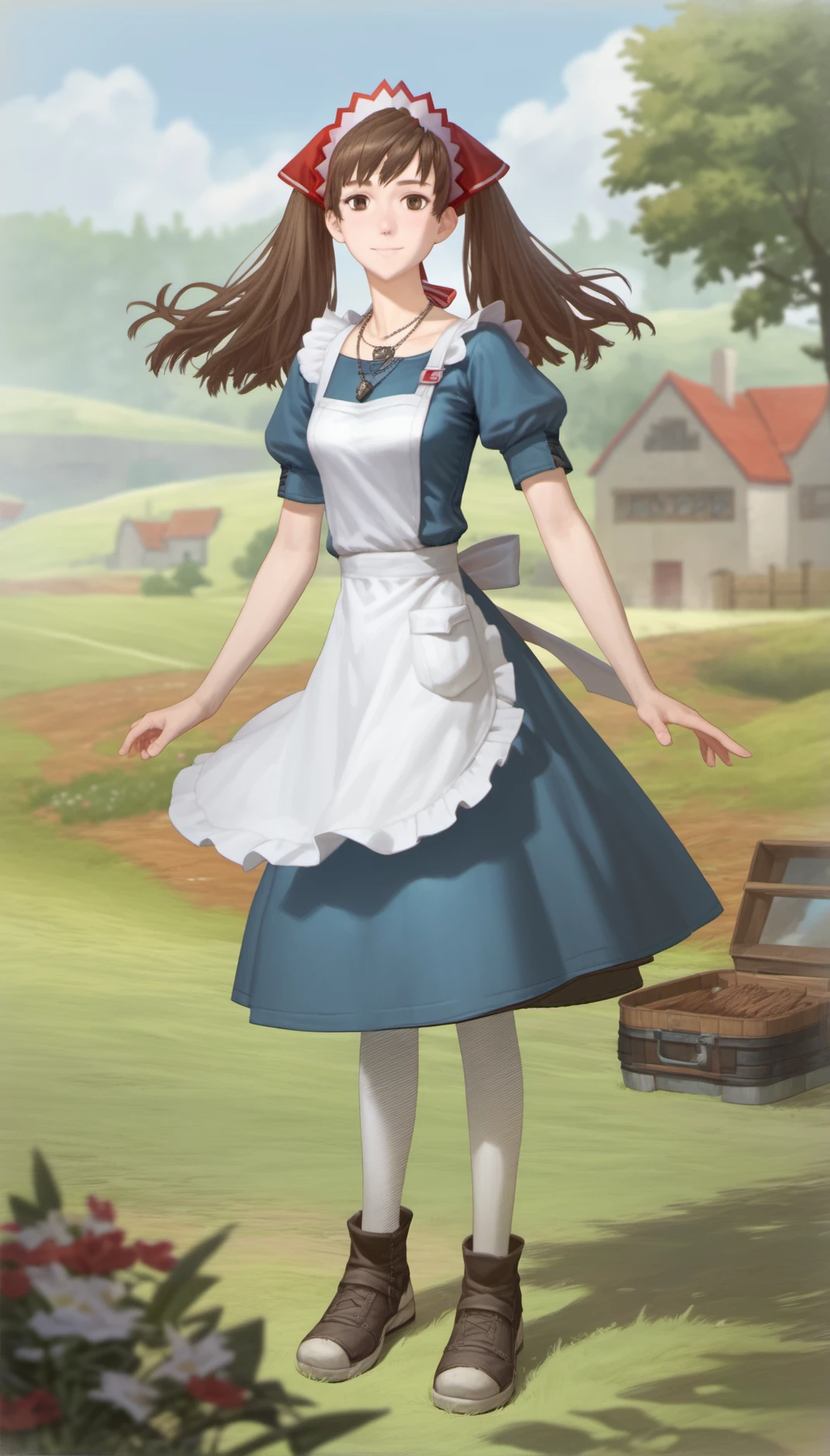 score_9,score_8_up,score_7_up,
<lora:aliciamelchiott:0.9>,
aliciamelchiot,
awakened valkyria,
realistic,
1girl,solo,
brown hair,twintails,
brown eyes,looking at viewer,smile,
headdress,necklace,blue dress,white apron,white pantyhose,leather shoes,
full body,
blurry background,bloom,lights particle,outdoors,countryside,vignetting,particle effects,lens flare,