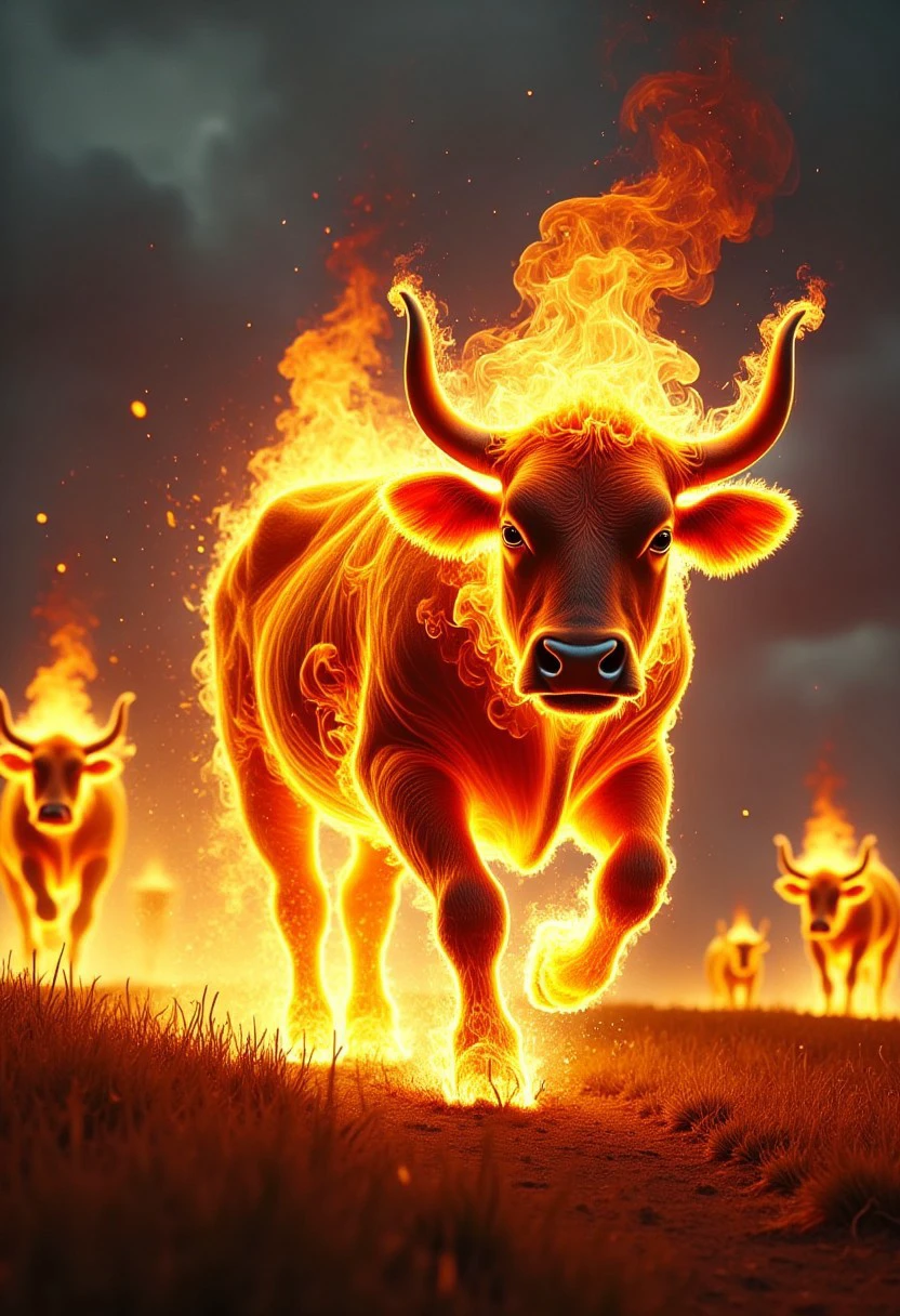 a cow made of flames. The flaming cow is fleeing from grey aliens firing laser guns at it.