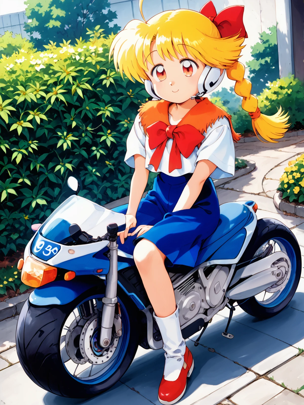 score_9, score_8_up, score_7_up, source_anime, traditional media, 1990s \(style\), retro artstyle, high res image, cute face, shiny hair, ultra detailed eyes, full body, kazagake shohjogumi!, solo, 1girl mizuki mai blonde hair with single braid sitting on motorcycle, datch angle, outdoors, beautiful detailed background,<lora:kazuka_tokio_bikids_and_kazagake_shohjogumi-000035:1>