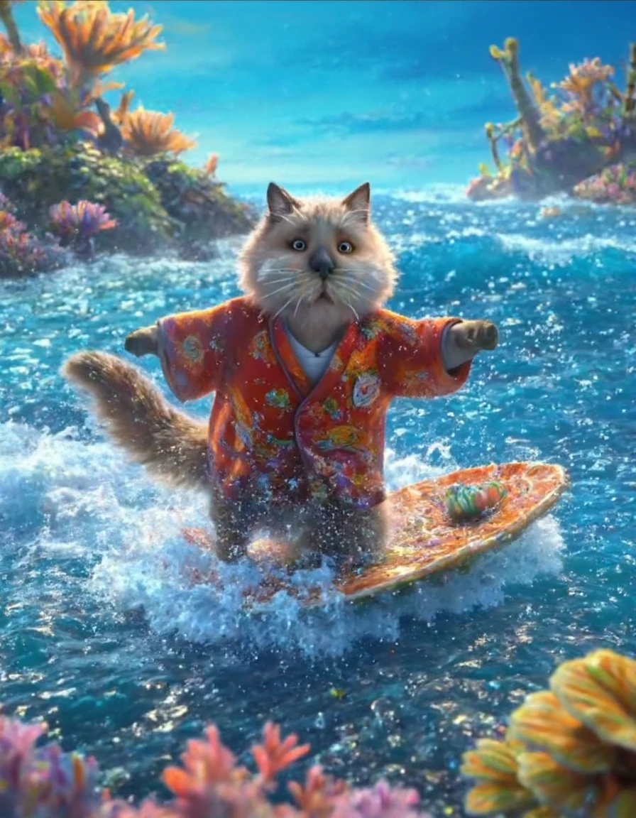 a picture  of a cat dressed in a traditional kimono, surfing a wave. The sea is crystal-clear, with coral showing through, in the style of Deep_Sea movie  <lora:Deep_Sea_-_Shen_Hai_-_Le_royaume_des_Abysses_r2:1>