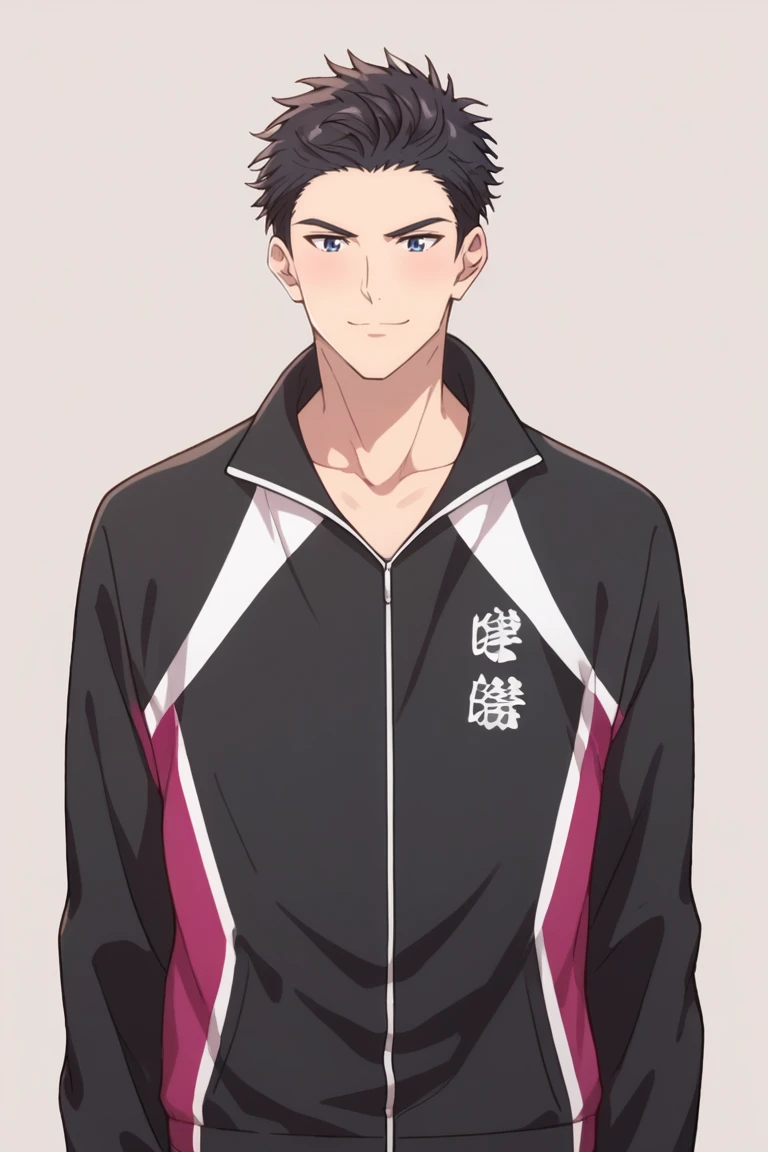 score_9, score_8_up, score_7_up, score_6_up, score_5_up, score_4_up, source_anime, BREAK,rating_safe,riku momosaki,dark blue eyes,1boy,solo,male focus,sportswear,(clothes writing:0.6),black jacket,cowboy shot,looking at viewer