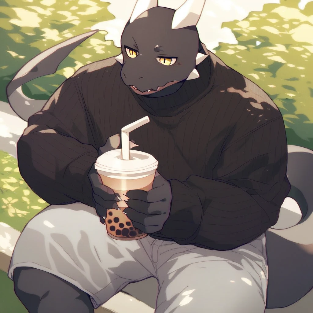 score_9_up, score_8_up, score_7_up, source_furry, mikus-style, black dragon, black body, white horns, yellow eyes, park, holding, bubble tea, black sweater, gray shorts, 1boy, solo