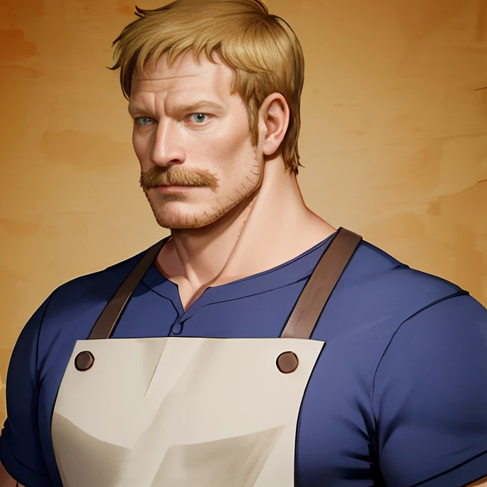 (RAW photo), absurdres, <lora:HourouButcher:0.85>, houroubutcher, muscular male, apron, blue shirt, portrait, (mature male:0.7)