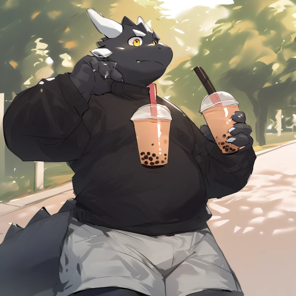 score_9_up, score_8_up, score_7_up, source_furry, mikus-Tongmung24, black dragon, black body, white horns, yellow eyes, park, holding, bubble tea, black sweater, gray shorts, 1boy, solo