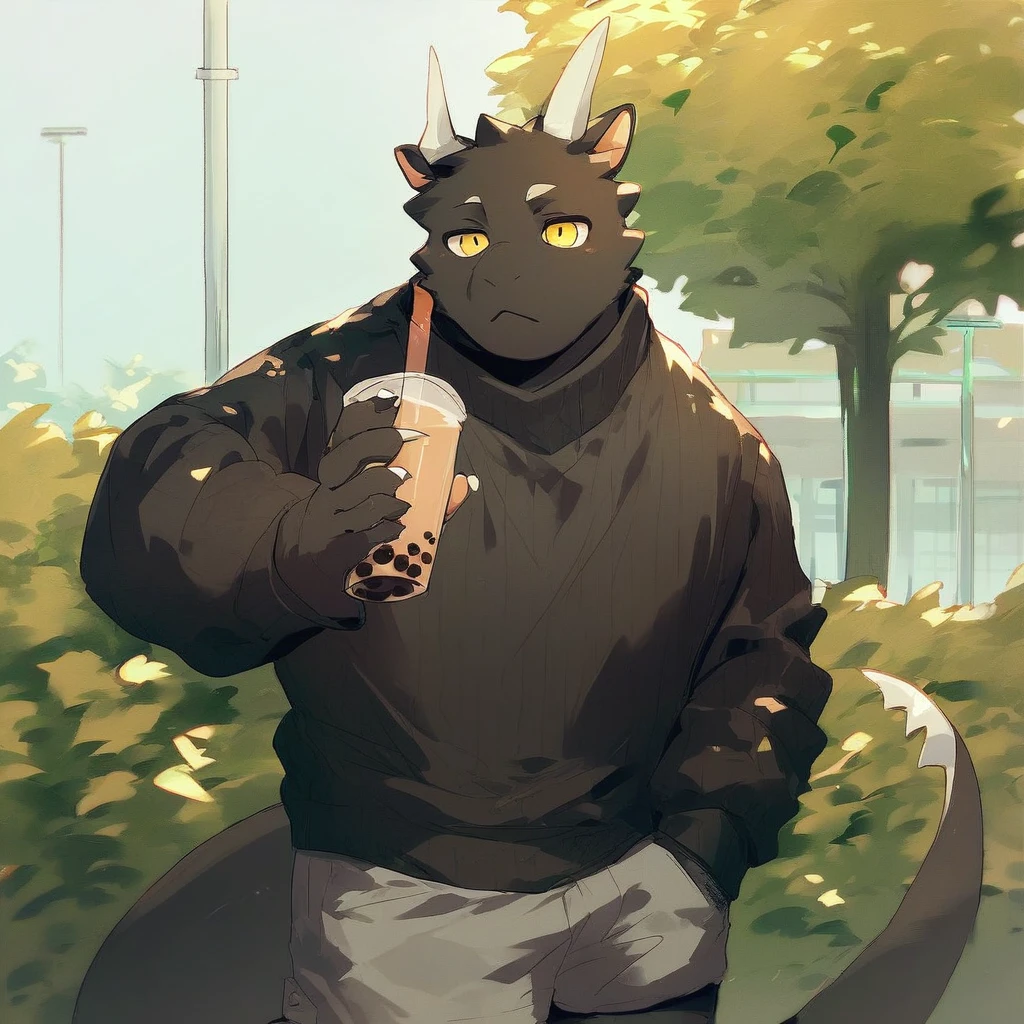 score_9_up, score_8_up, score_7_up, source_furry, mikus-style, black dragon, black body, white horns, yellow eyes, park, holding, bubble tea, black sweater, gray shorts, 1boy, solo