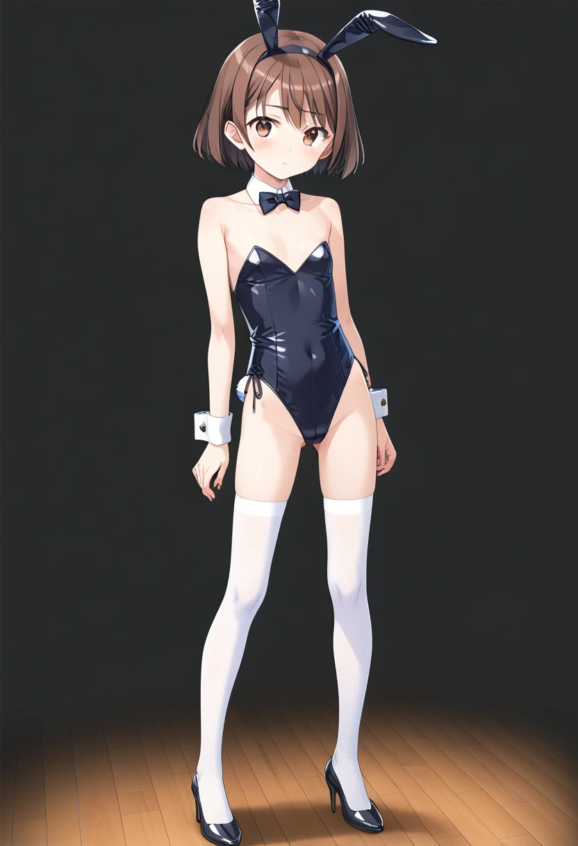 standing, stage, full body, flat chest, blush,  <lora:KC_01DD_tanikaze_pony-000032:1> tanikazekc, brown hair, short hair,  brown eyes,         playboy bunny,, score_9,score_8_up, score_7_up, source_anime, masterpiece, best quality,  official art, official style, game cg, megami magazine, rating_safe, rating_questionable, NEGATIVE_HANDS,  <lora:DetailedPerfect_hands_r1:1>