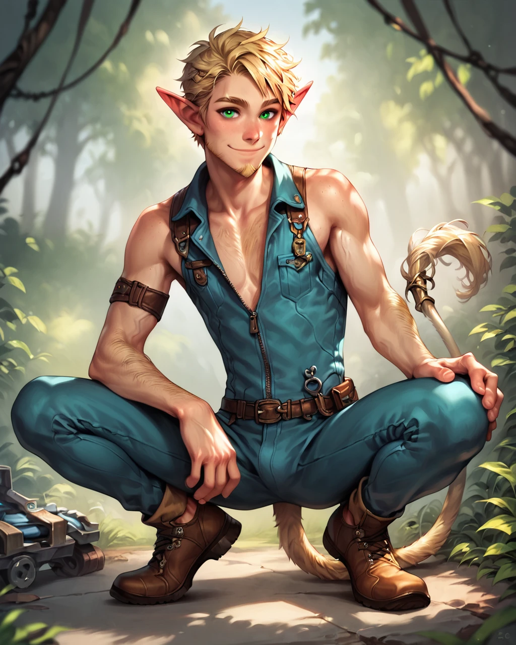 score_9, score_8_up, score_7_up, intricate details, rating_questionable, detailed face,  
,
<lora:Lurien:0.8>,
1boy(Lurien, looking at the viewer, green eyes, blond arm hair, blond leg hair, blond tail with blond tail tuft, solo, cowboy shot, 
squatting,
mechanic, jumpsuit,
friendly expression, slight smile),
8k,
fantasy setting, in a small meadow of a magical forest, sunshine, 
depth of field, detailed background,
<lora:ral-chrosc-clr:0.5>, ral-chrosc-clr,
<lora:Expressive_H:0.5>, expressiveH,
<lora:xl_more_art-full_v1:0.3>,
<lora:add-detail-xl:0.3>