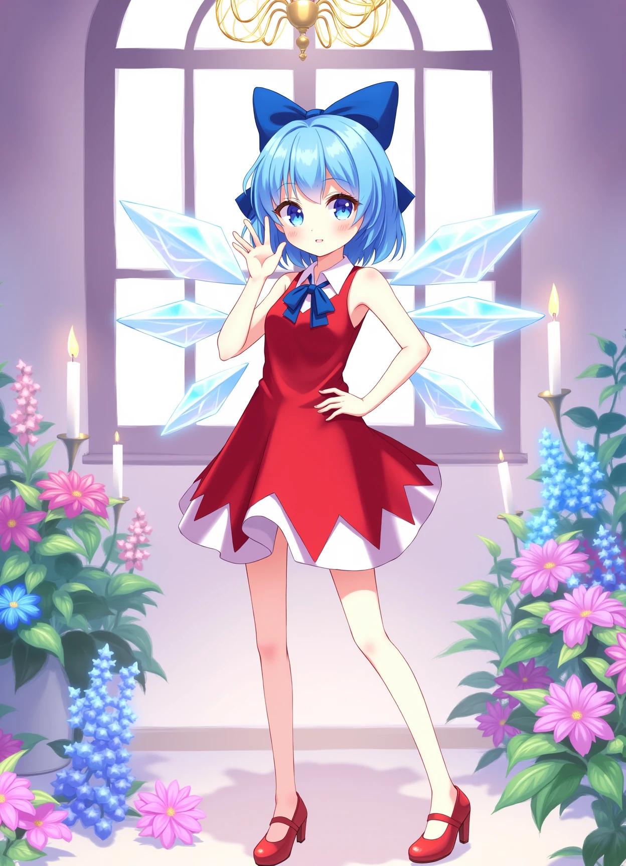 vibrant detailed digital anime illustration, cirno, 1girl, solo, looking at viewer, blush, short hair, bangs, blue eyes, dress, bow, ribbon, bare shoulders, closed mouth, blue hair, standing, full body, flower, hair bow, wings, sleeveless, alternate costume, indoors, high heels, bare arms, neck ribbon, sleeveless dress, blue bow, red dress, plant, red footwear, pink flower, blue flower, ice, candle, ice wings, chandelier, hand on hip, waving, 