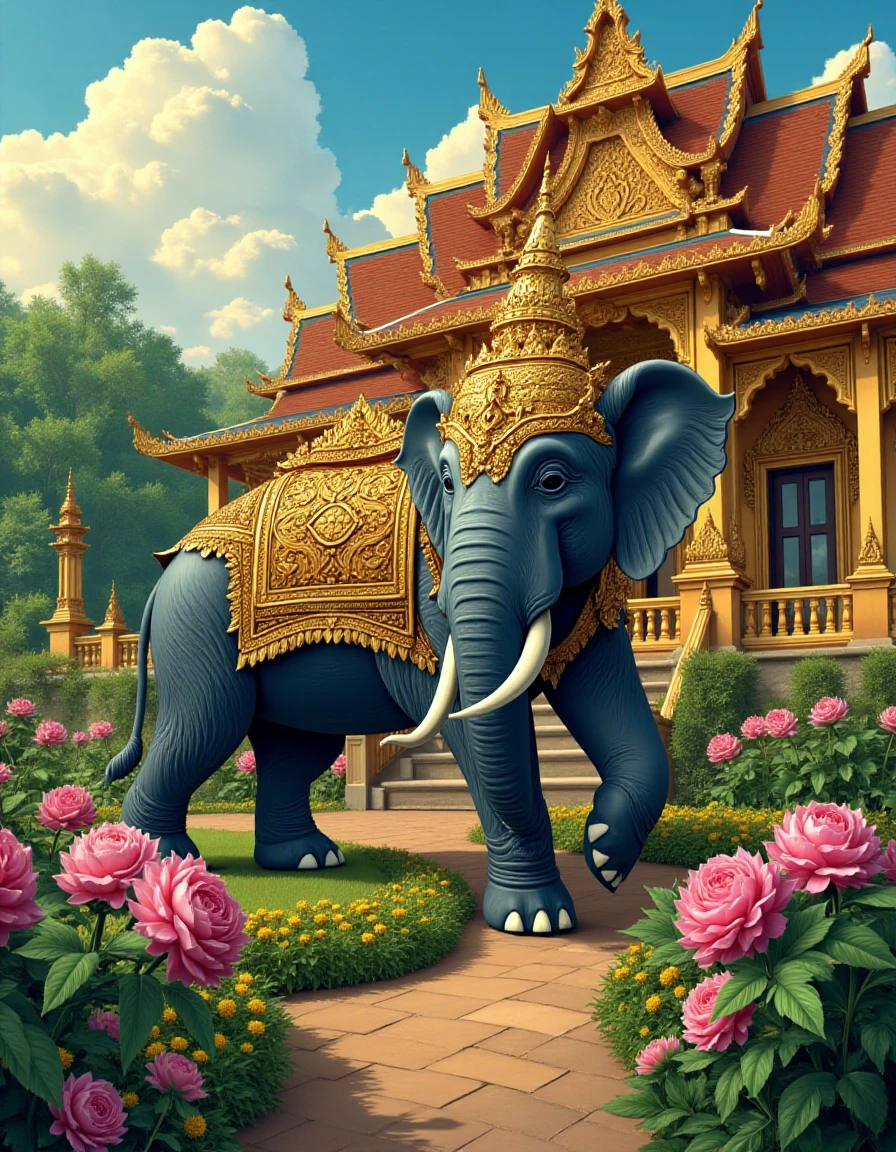 <lora:Ramayana:1:2>, (((Ramayana))), The backdrop is a Thai-style palace. and has a flower garden Virtual image, (((Thai art style, High Detail))), sky background, (((realistic))), high quality, (elephant), realistic, cinematic, 8k, movie, very detailed