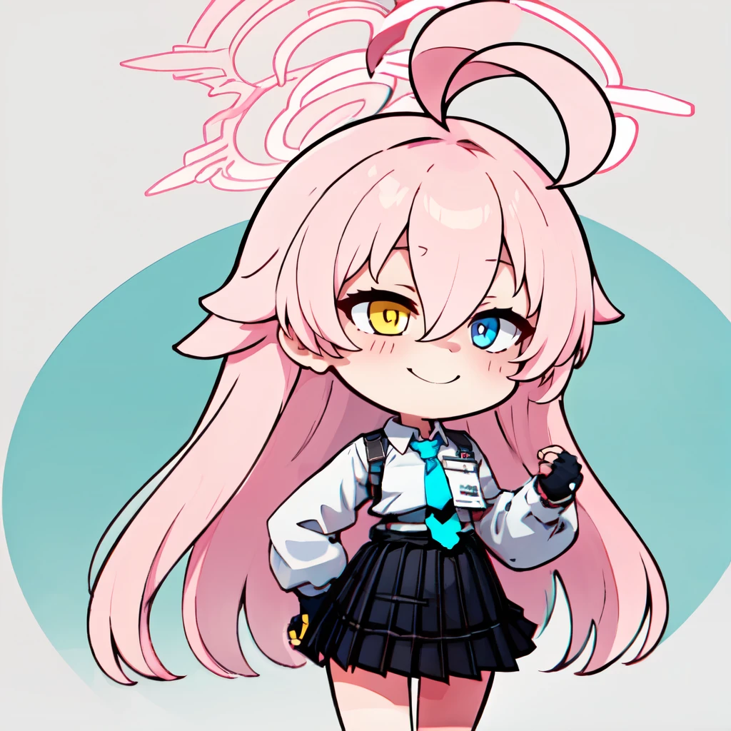 ((masterpiece,best quality)), absurdres,  ,,, <lora:BlueArchiveChibi:0.7>,  white background, chibi, smile, solo,  ,,, <lora:Hoshino_BlueArchive_Citron:0.8>, zzHoshino, pink hair, ahoge, halo, long hair, hair between eyes, blue eyes, yellow eyes, pink halo, heterochromia, very long hair, black skirt, blue necktie, collared shirt, plaid skirt, pleated skirt, white shirt, black gloves, fingerless gloves, id card, chest harness, puffy long sleeves