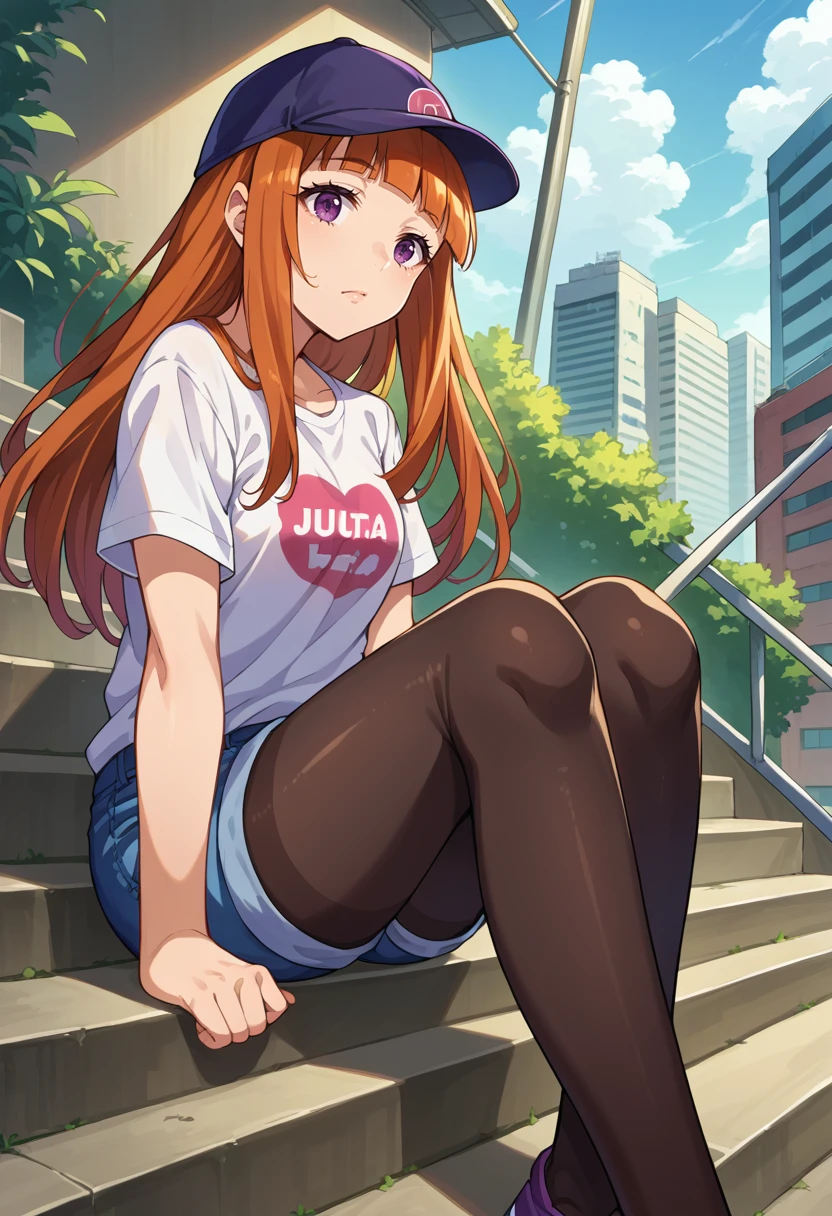 score_9, score_8_up, source_anime, 1girl, solo, AnjuYuuki, purple eyes, orange hair, long hair, blunt bangs, baseball cap, t-shirt, denim shorts, pantyhose under shorts, sitting, stairs, outdoors, city, <lora:ChamAnjuYuukiPonyXL:1>