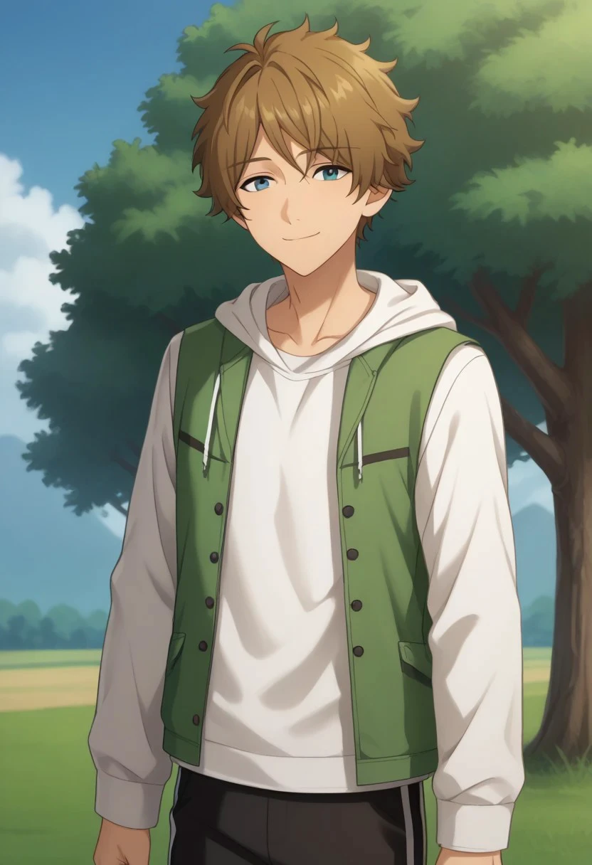 score_9, score_8_up, score_7_up, source_anime, highly detailed, 
midori, 1boy, male focus, solo, brown hair, hood, hoodie, pants, looking at viewer, blue eyes,
white hoodie, vest, smile, black pants, long sleeves, closed mouth, hood down, shirt, plaid, drawstring,
outdoor, sky, tree, cloud, upper body,