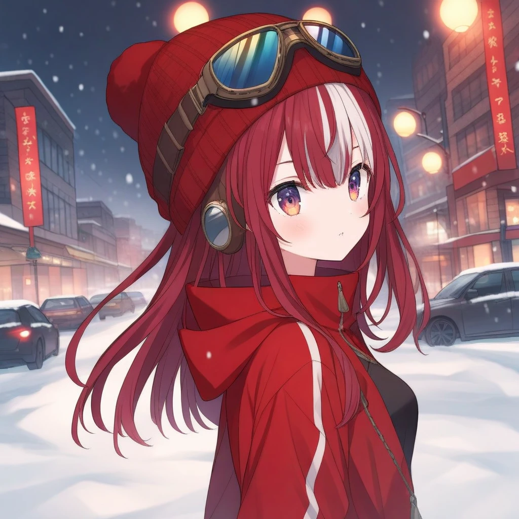 saya, red crimson hair, small breasts, streaked bangs, dragon girl, dragon horns, goggle on head, light gradient eyes, virtual youtuber, short, solo, 
outside, red hoodie, wearing a beanie, winter, snow, city, 
<lora:SAYA-XL-t1-000004:0.6>