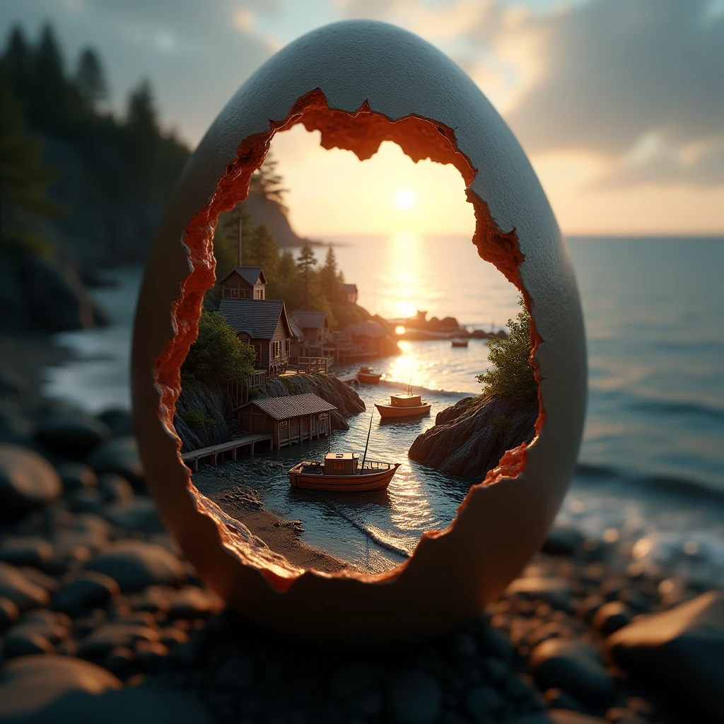 professional 3d model cinematic film still
<lora:Laura_Flux_Ahkinama:1>"Enclosed within the cracked shell of an egg is a quiet coastal fishing village. Wooden cottages line the rocky shore, and fishing boats bob in the water, tied to a wooden pier. Gentle waves lap at the shore as the sun begins to set, casting a warm glow over the scene. The intricate details of the boats, cottages, and ocean are perfectly framed by the cracked edges of the egg, capturing the serene beauty of this coastal haven."
. shallow depth of field, vignette, highly detailed, high budget, bokeh, cinemascope, moody, epic, gorgeous, film grain, grainy . octane render, highly detailed, volumetric, dramatic lighting