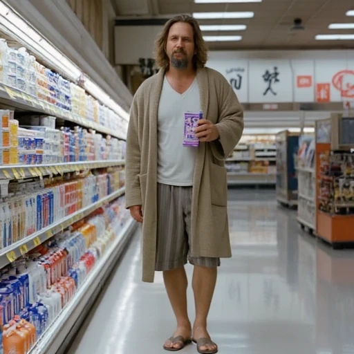 The Dude walking through a supermarket in flip-flops, bathrobe slightly open, with a carton of milk in hand. Overhead lights, shelves lined with products, calm and unbothered look
