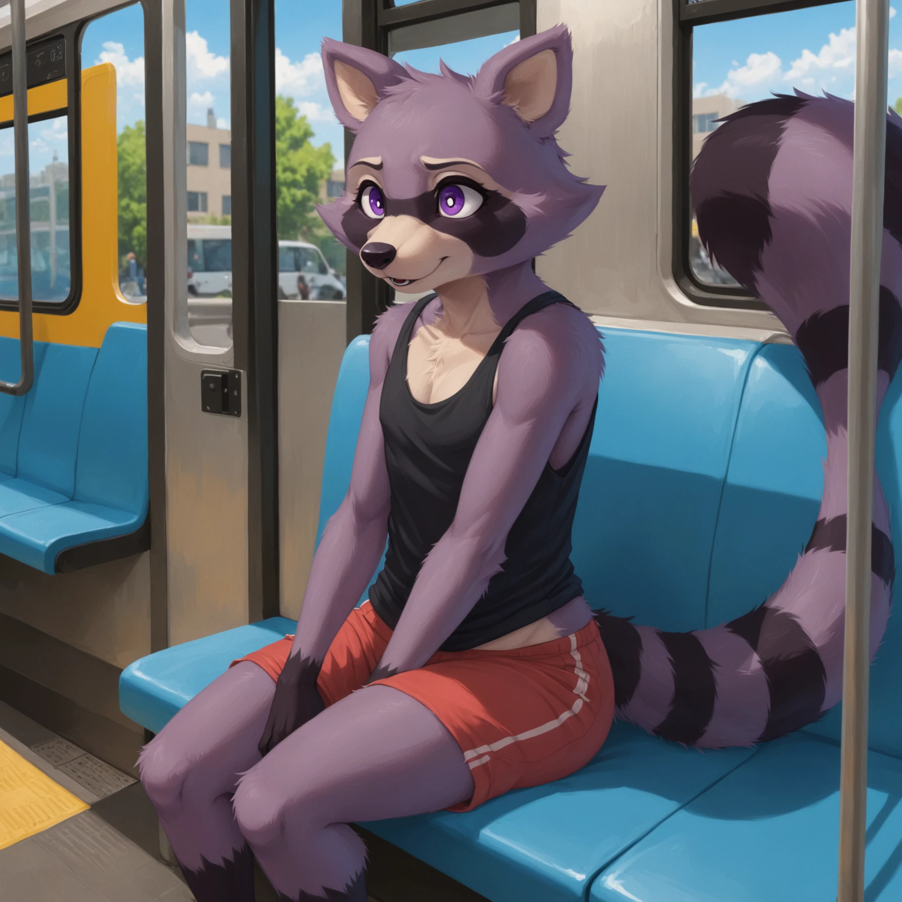 masterpiece, best quality, rambley raccoon, sitting, public_transportation, shorts, tank top, 

solo, detailed background, three-quarter view,