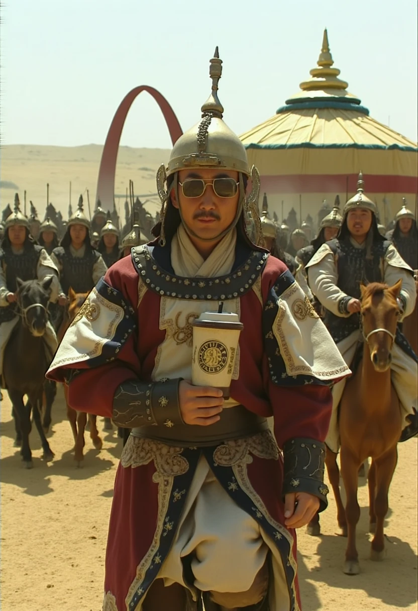 8k photorealistic RAW photo of a Mongol horde, but instead of horses, they are riding giant electric scooters, with Genghis Khan himself at the front wearing designer sunglasses and holding a massive takeaway coffee cup labeled “Mongol Mocha.” The entire army is dressed in tracksuits adorned with traditional Mongol patterns, and they are charging through a fast-food drive-thru in the middle of the steppes, with golden arches in the background.