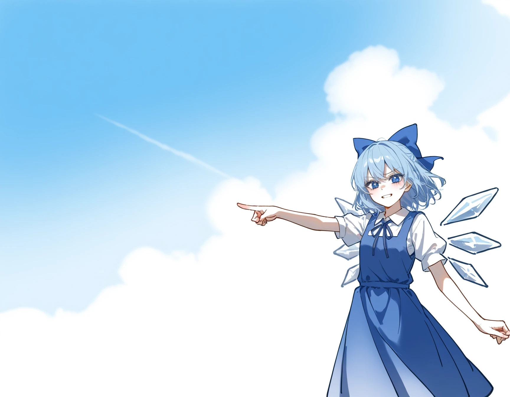 oekaki, sketch, rough sketch, (by kankan33333:1.2), pointing at viewer, 1girl, cirno, ice wings, (iridescent:1.3) gradient blue cloudy sky, touhou, blue hair, blue eyes, hair bow, blue bow, blue dress, pinafore dress, neck ribbon, blue ribbon, confident, simple background, white background, best quality, amazing quality, very aesthetic, absurdres