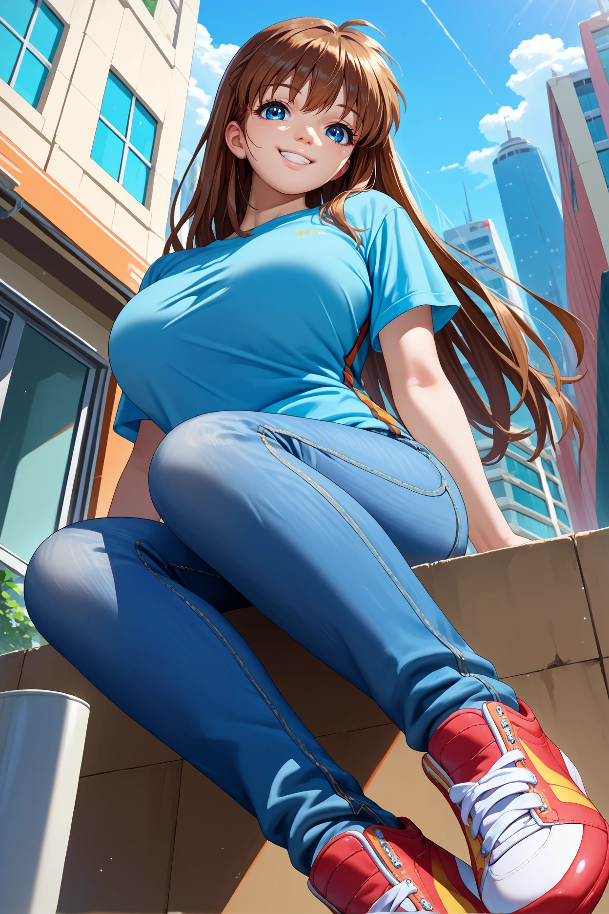 score_9, score_8_up, score_7_up, score_6_up, source_anime, 1girl, solo,   <lora:miaalice-pdxl-nvwls-v1-000005:1> miaa, brown hair, long hair, blue eyes, big breasts, blue t-shirt, jeans, looking at you, city, sitting, sneakers, from below, happy