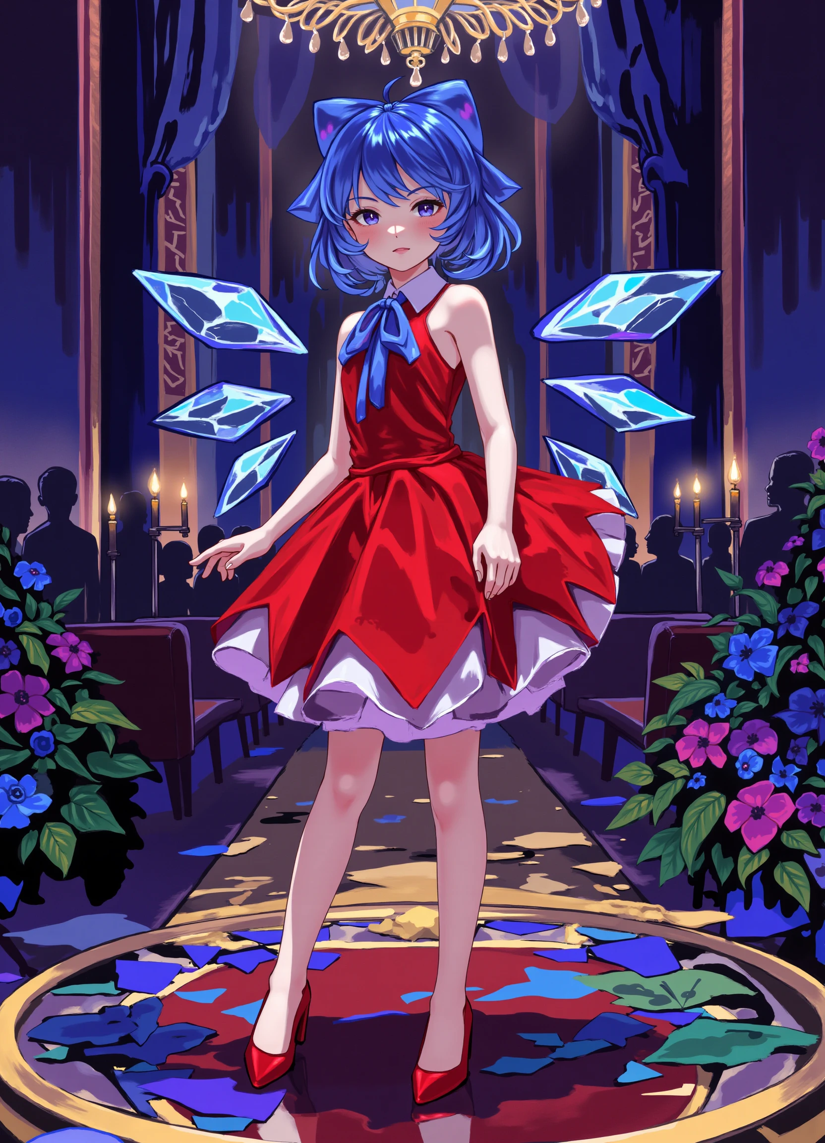 detailed cinematic vibrant digital illustration, 1girl, cirno, ice wings, blue hair, short hair, red dress, red high heels, indoors, ball, elegant, facing viewer, blue hair bow, blue eyes, blush, solo focus, outer dark, center bright, 