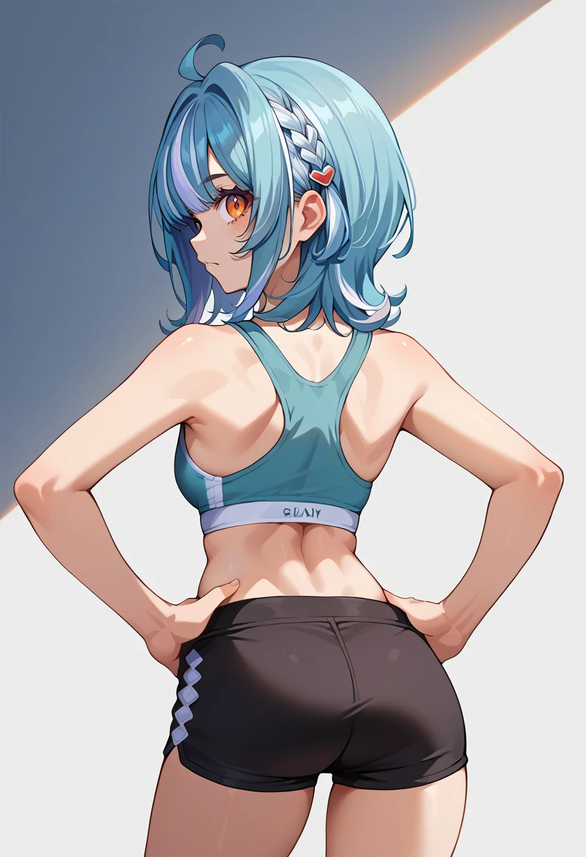 score_9, score_8_up, source_anime, 1girl, solo, ShiranamiRamune, orange eyes, multicolored hair, blue hair, white hair, braid, medium hair, ahoge, from behind, looking back, hands on hips, sports bra, black shorts, ass, <lora:ChamShiranamiRamunePonyXL:1>