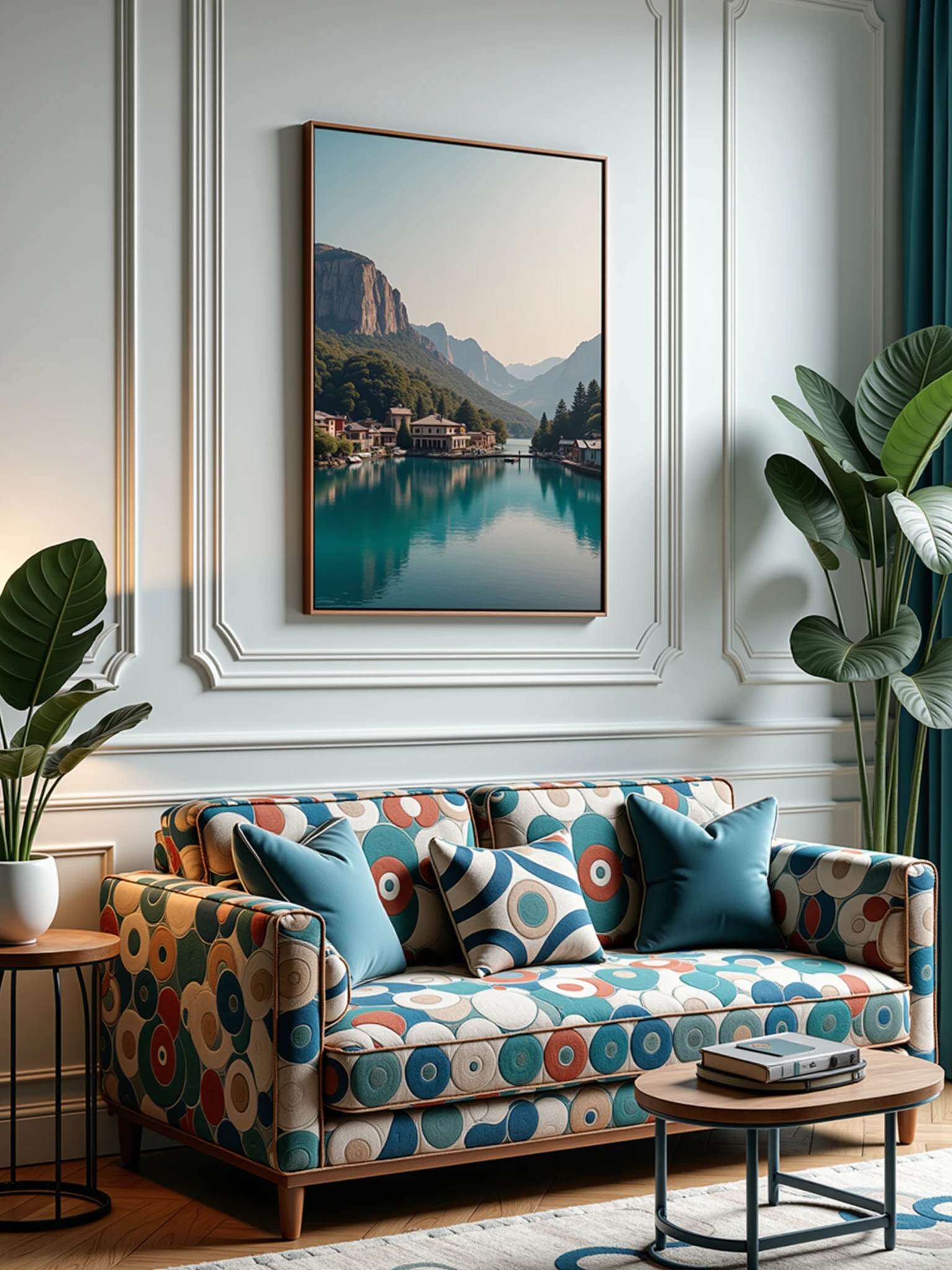 mad-clrflcrcls sofa in living room, photo of a landscape on the wall   <lora:colorful-circles-flux:1.8>