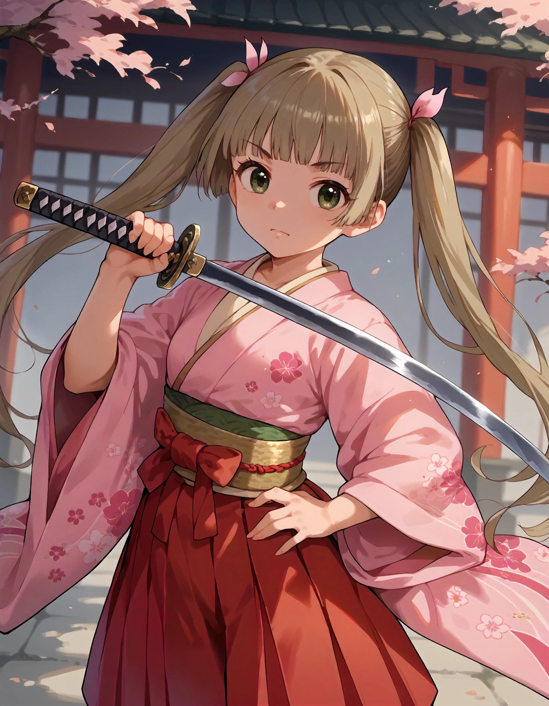 score_9,score_8_up,score_7_up,1girl,solo,looking at viewer,(serious:0.4),holding weapon,katana,
<lora:yokoyamachika_ponyXLV6:0.8>,cgyc,
light brown hair,long twintails,blunt bangs,green eyes,
japanese clothes,pink kimono,red hakama skirt