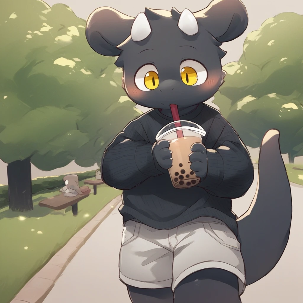 score_9_up, score_8_up, score_7_up, source_furry, mikus-kom_jis, black dragon, black body, white horns, yellow eyes, park, holding, bubble tea, black sweater, gray shorts, 1boy, solo