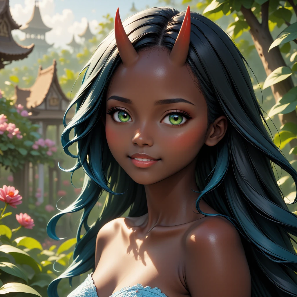 <lora:TzigoOniHornsFlux:1>, 1 beautiful dark skinned girl with tzigoonihorns, dark skin, ebony, beautiful detailed dark green eyes, beautiful detailed face, long straight hair, smile, teeth, earrings, bokeh, innocent, slim body, small breasts, bare shoulders, light blue lace dress, strapless, upper body, in a african garden, blurred background,