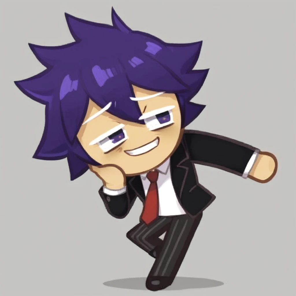 solo, smile, short hair, shirt, 1boy, school uniform, purple eyes, jacket, purple hair, male focus, necktie, teeth, grin, spiked hair, red necktie, bags under eyes, u.a. school uniform, hand on own neck,Shinsou, sole male, looking away, solo, chibi,cookie_run, pose, standard_art, solo